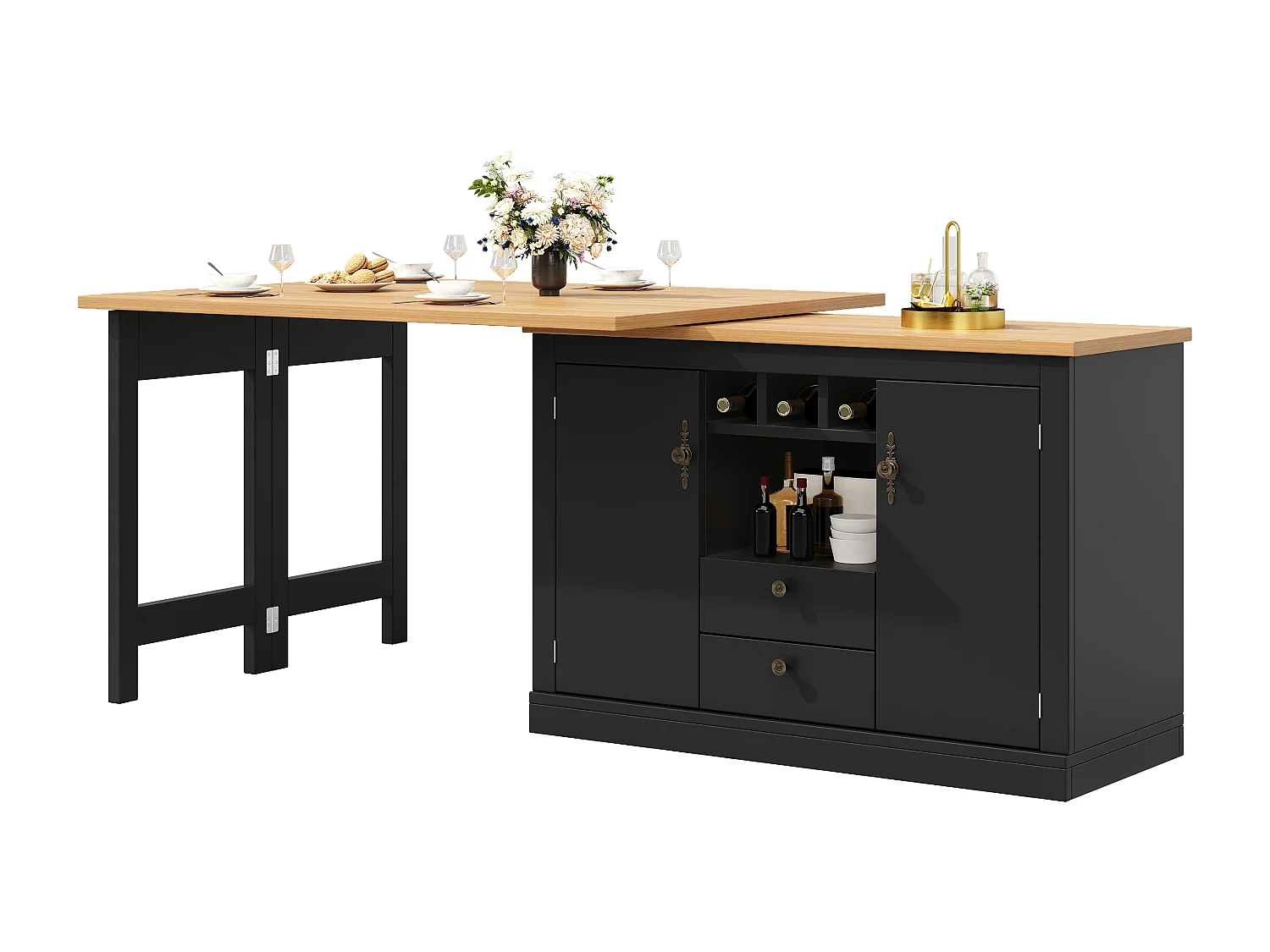 Uitschuifbare keukenbar meubel - en 360° draaiing - grote tafel - 180x79.5x71.5 cm - 2 laden en 2 deuren - 3 wijnrekken - Zwart