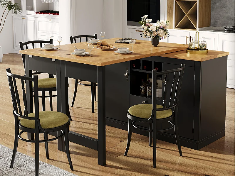 Ausziehbarer Küchen-Bar-Schrank - und 360° Drehung - großer Tisch - 180x79.5x71.5 cm - 2 Schubladen und 2 Türen - 3 Weinregale - Schwarz