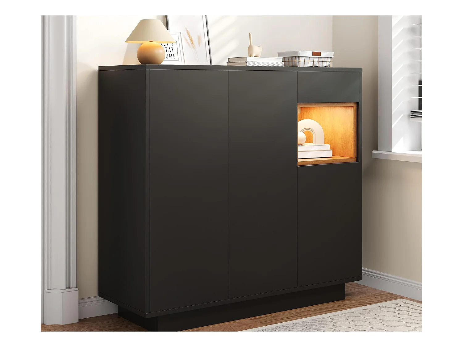 Meuble à chaussures 105x39.5x100.5 cm - 1 tiroir et 3 portes - avec éclairage LED - avec étagères réglables - Noir et naturel