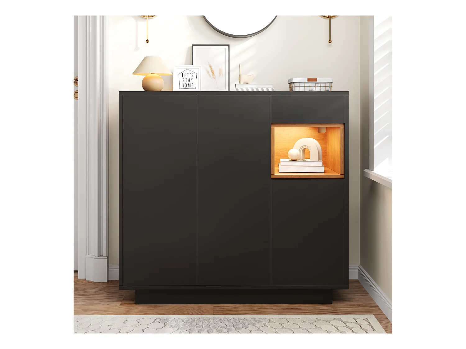 Meuble à chaussures 105x39.5x100.5 cm - 1 tiroir et 3 portes - avec éclairage LED - avec étagères réglables - Noir et naturel