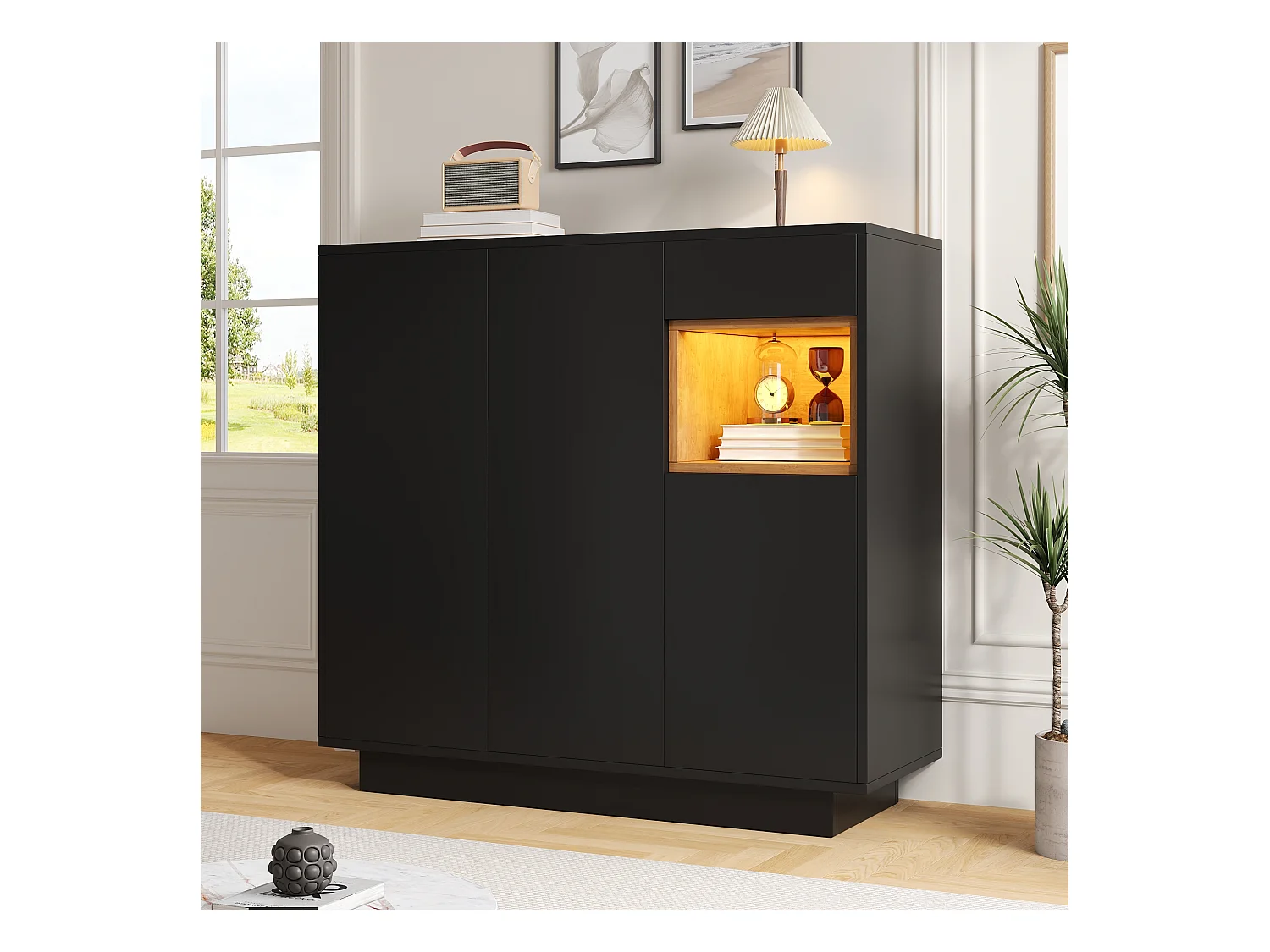 Meuble à chaussures 105x39.5x100.5 cm - 1 tiroir et 3 portes - avec éclairage LED - avec étagères réglables - Noir et naturel