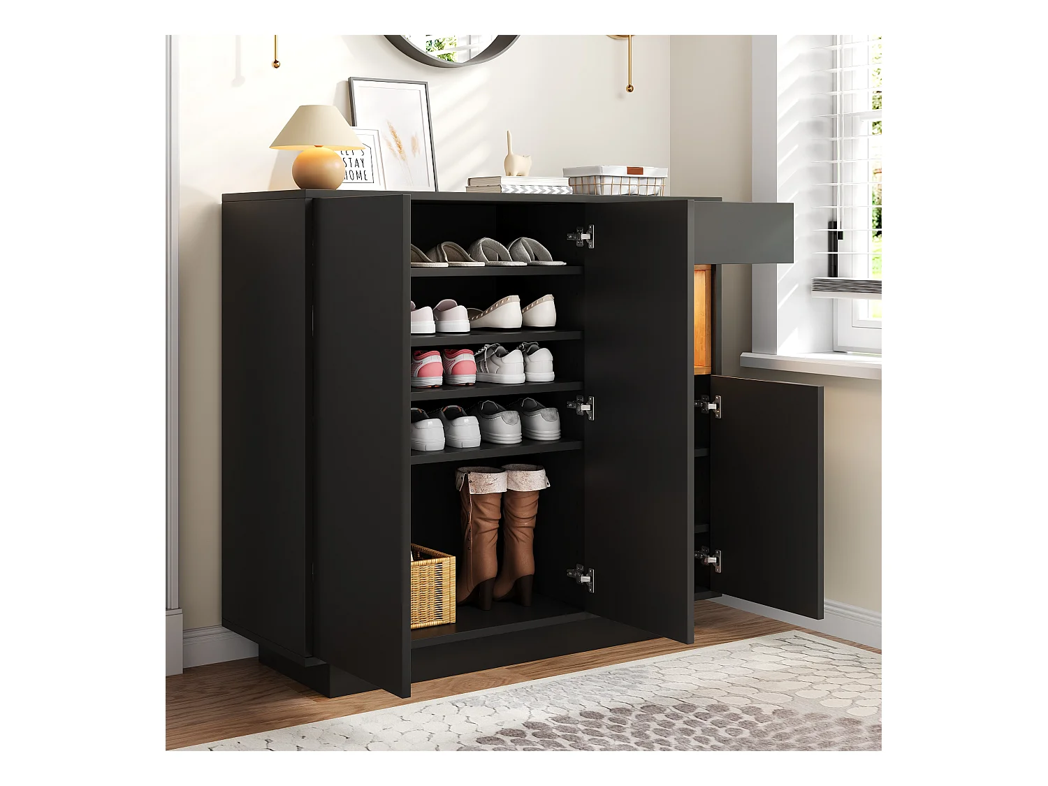 Meuble à chaussures 105x39.5x100.5 cm - 1 tiroir et 3 portes - avec éclairage LED - avec étagères réglables - Noir et naturel