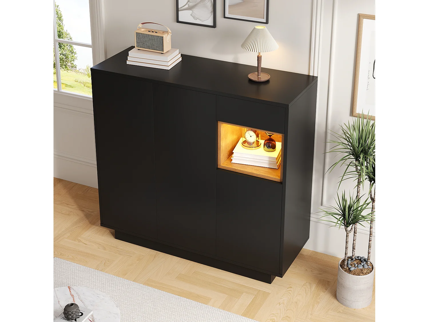 Schoenmeubel 105x39.5x100.5 cm - 1 lade en 3 deuren - met LED-verlichting - met verstelbare planken - Zwart en naturel