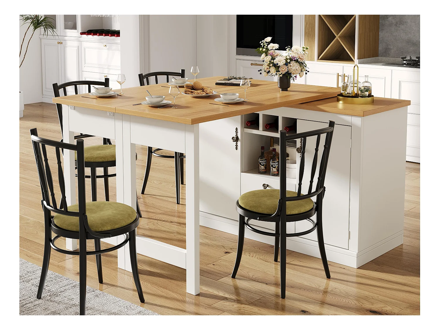 Uitschuifbare keukenbar meubel - en 360° draaiing - grote tafel - 180x79.5x71.5 cm - 2 laden en 2 deuren - 3 wijnrekken - Wit