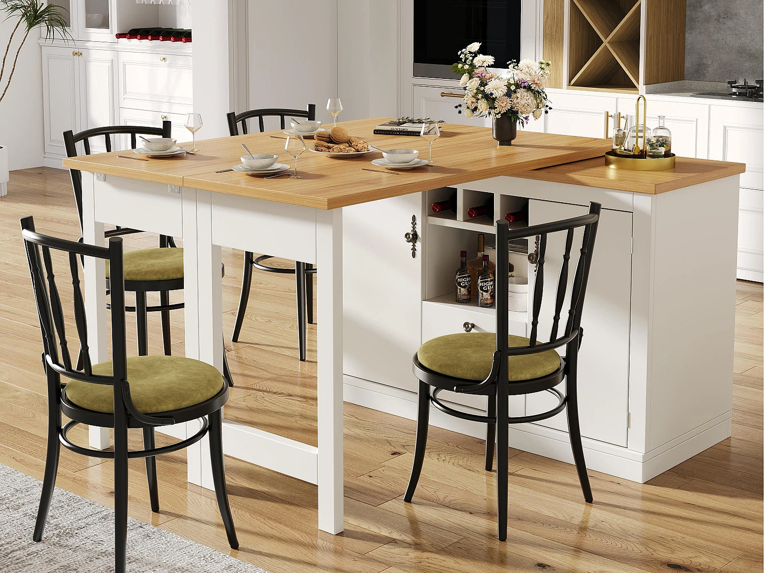 Ausziehbarer Küchen-Bar-Schrank - und 360° Drehung - großer Tisch - 180x79.5x71.5 cm - 2 Schubladen und 2 Türen - 3 Weinregale - Weiß