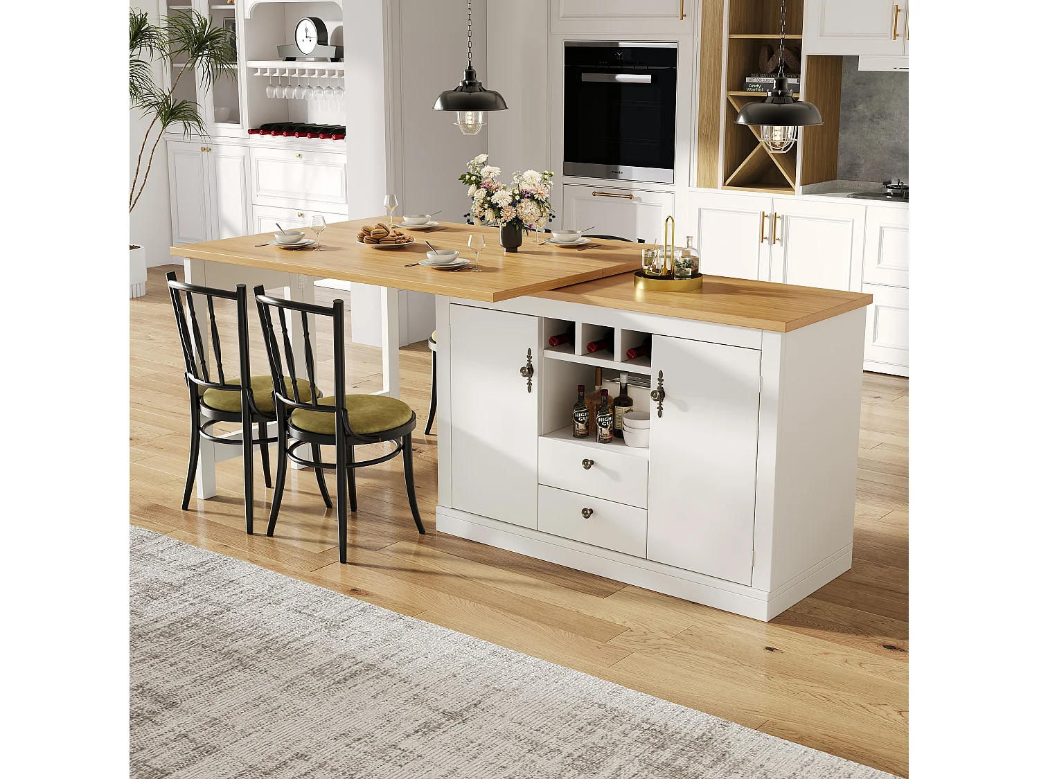 Ausziehbarer Küchen-Bar-Schrank - und 360° Drehung - großer Tisch - 180x79.5x71.5 cm - 2 Schubladen und 2 Türen - 3 Weinregale - Weiß