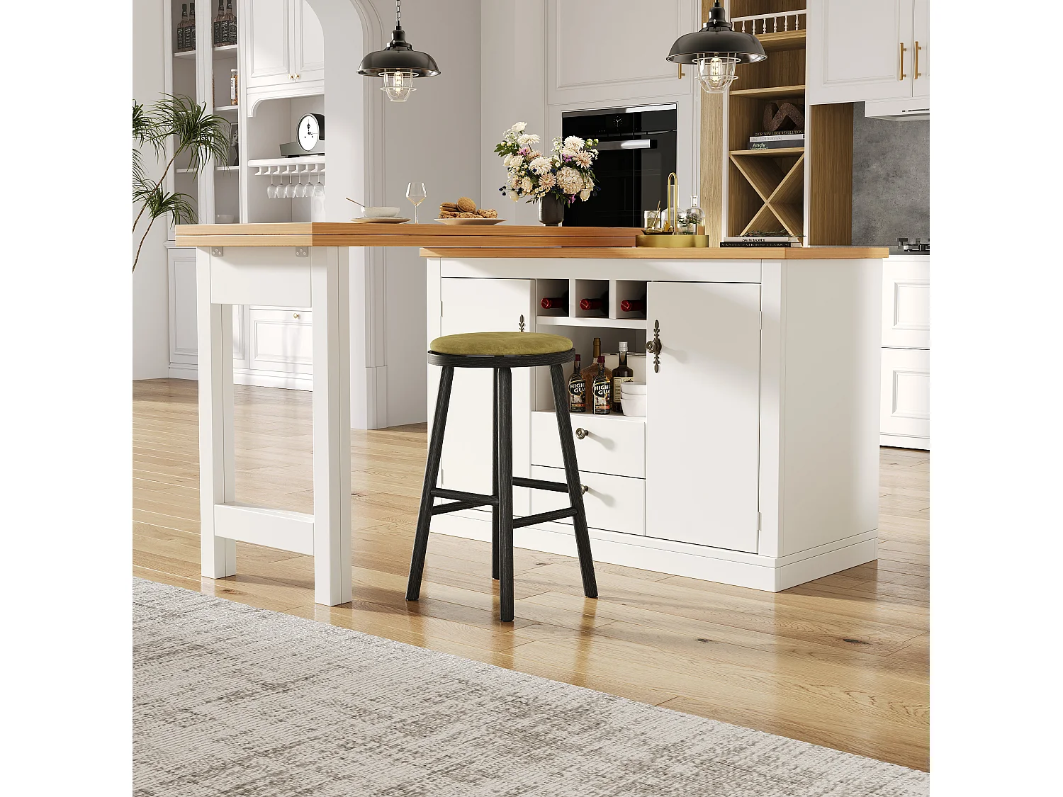 Ausziehbarer Küchen-Bar-Schrank - und 360° Drehung - großer Tisch - 180x79.5x71.5 cm - 2 Schubladen und 2 Türen - 3 Weinregale - Weiß