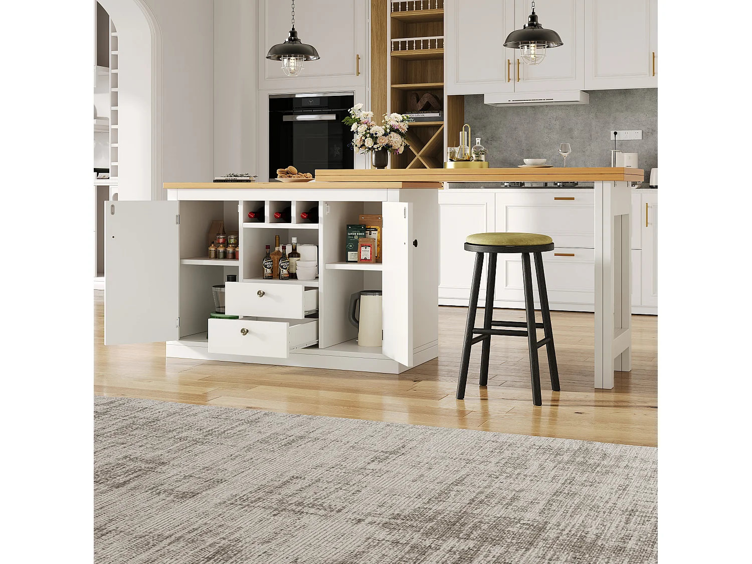 Ausziehbarer Küchen-Bar-Schrank - und 360° Drehung - großer Tisch - 180x79.5x71.5 cm - 2 Schubladen und 2 Türen - 3 Weinregale - Weiß