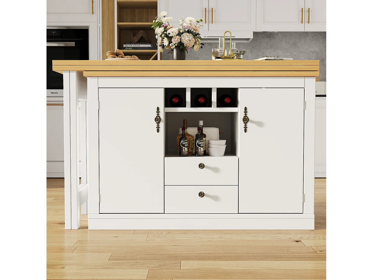 Ausziehbarer Küchen-Bar-Schrank - und 360° Drehung - großer Tisch - 180x79.5x71.5 cm - 2 Schubladen und 2 Türen - 3 Weinregale - Weiß