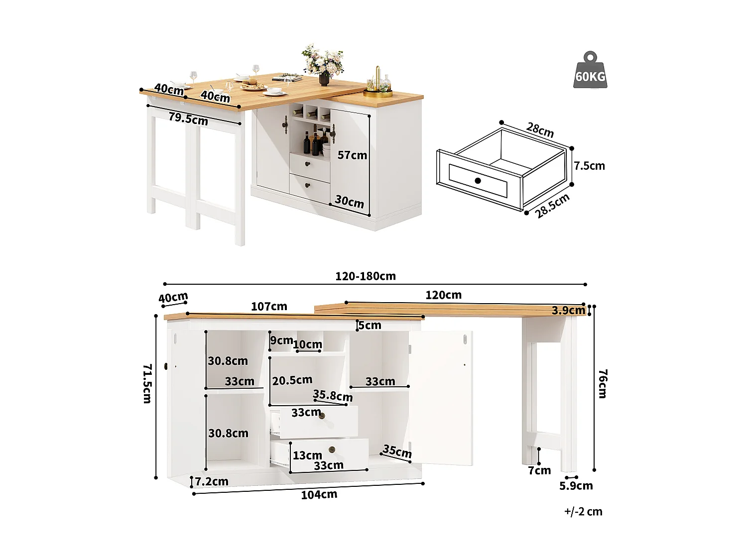 Ausziehbarer Küchen-Bar-Schrank - und 360° Drehung - großer Tisch - 180x79.5x71.5 cm - 2 Schubladen und 2 Türen - 3 Weinregale - Weiß