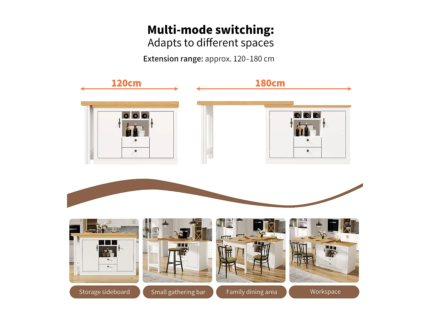 Ausziehbarer Küchen-Bar-Schrank - und 360° Drehung - großer Tisch - 180x79.5x71.5 cm - 2 Schubladen und 2 Türen - 3 Weinregale - Weiß