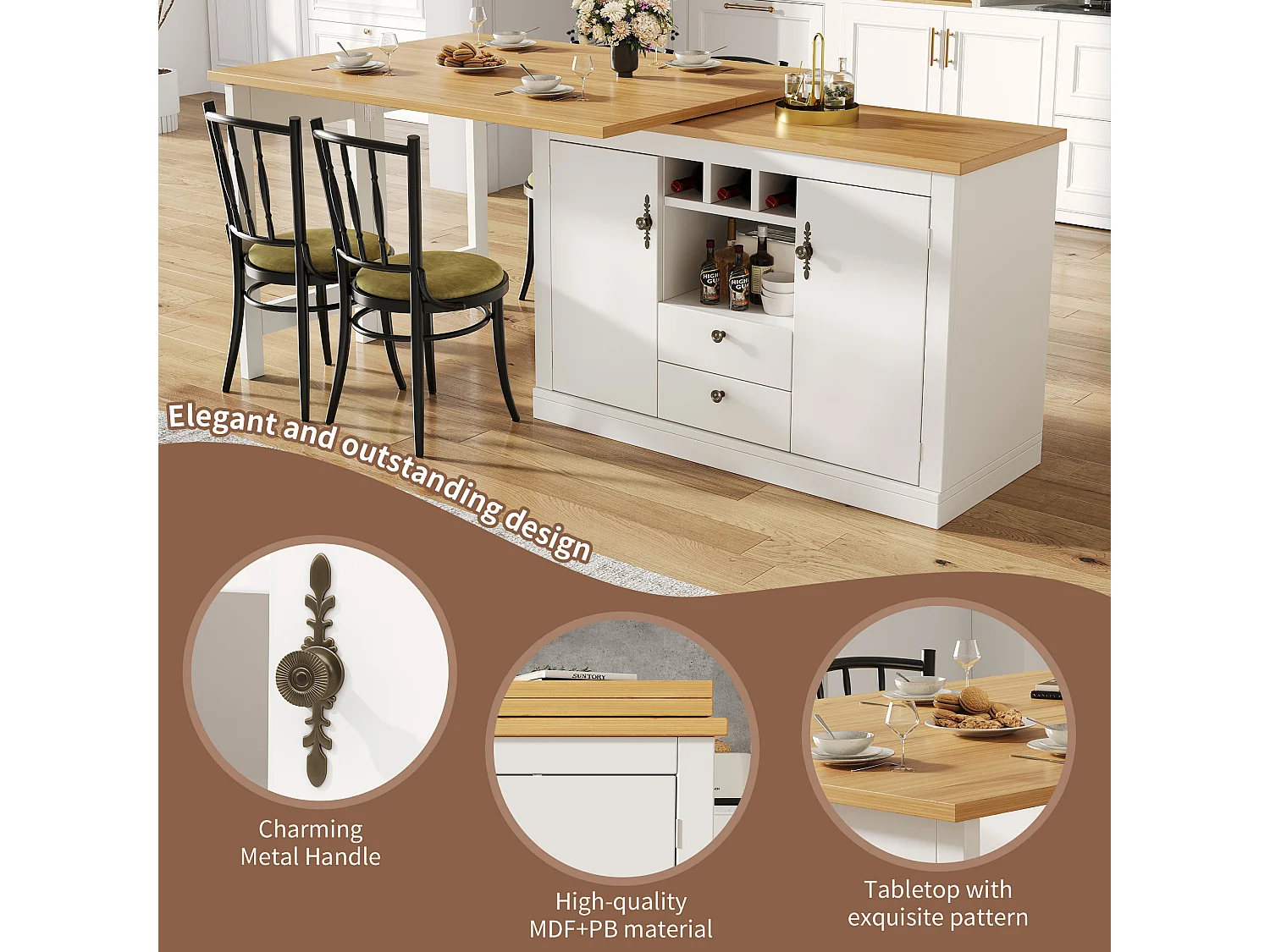 Ausziehbarer Küchen-Bar-Schrank - und 360° Drehung - großer Tisch - 180x79.5x71.5 cm - 2 Schubladen und 2 Türen - 3 Weinregale - Weiß