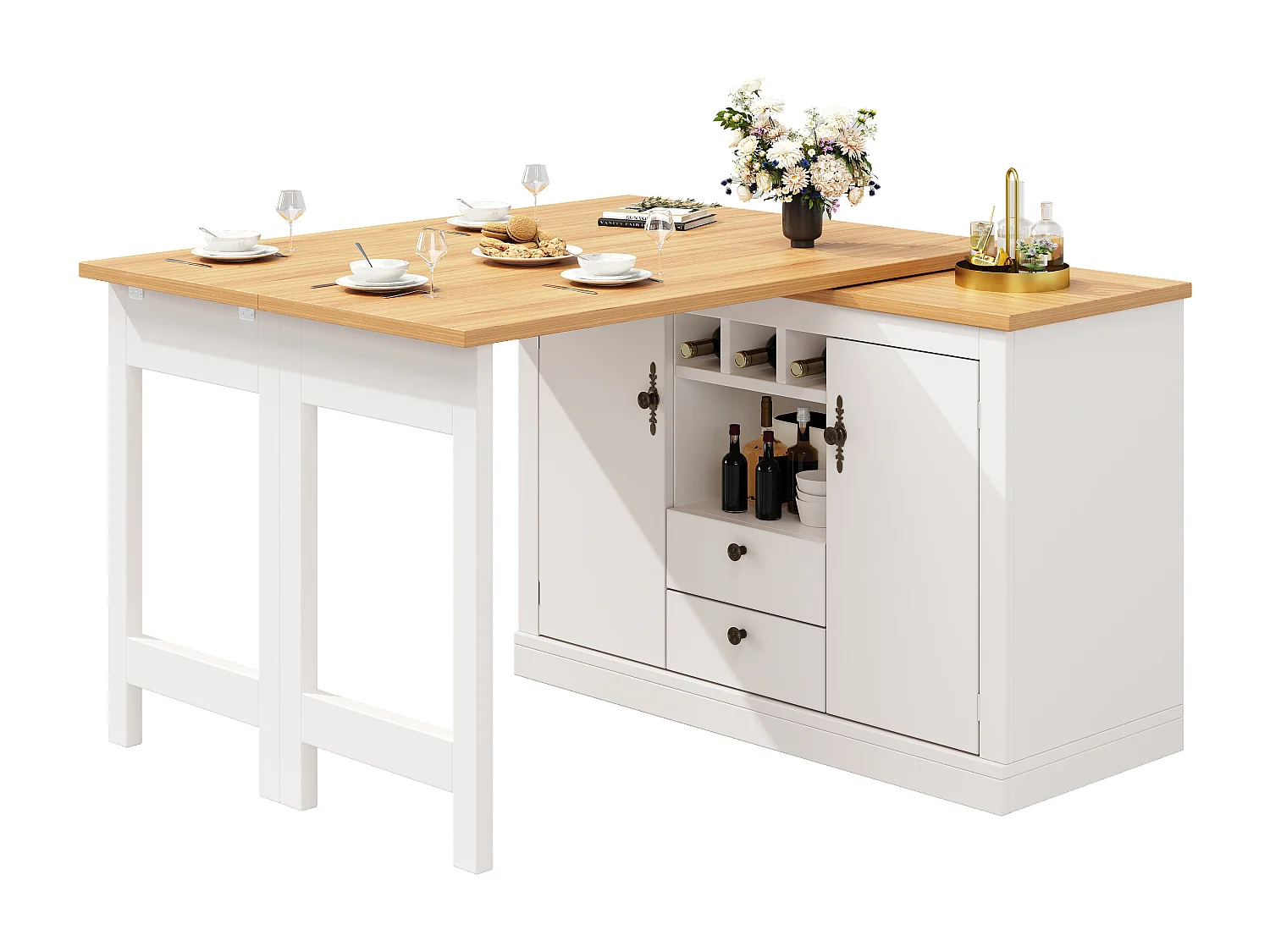 Ausziehbarer Küchen-Bar-Schrank - und 360° Drehung - großer Tisch - 180x79.5x71.5 cm - 2 Schubladen und 2 Türen - 3 Weinregale - Weiß