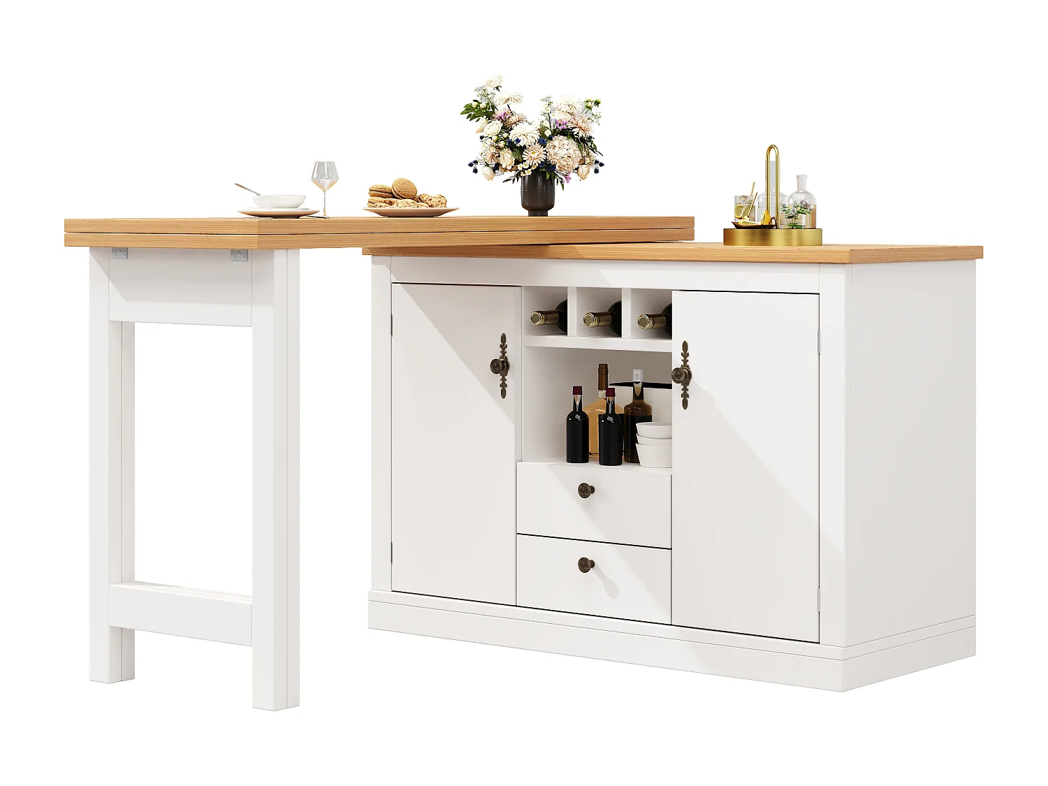 Ausziehbarer Küchen-Bar-Schrank - und 360° Drehung - großer Tisch - 180x79.5x71.5 cm - 2 Schubladen und 2 Türen - 3 Weinregale - Weiß