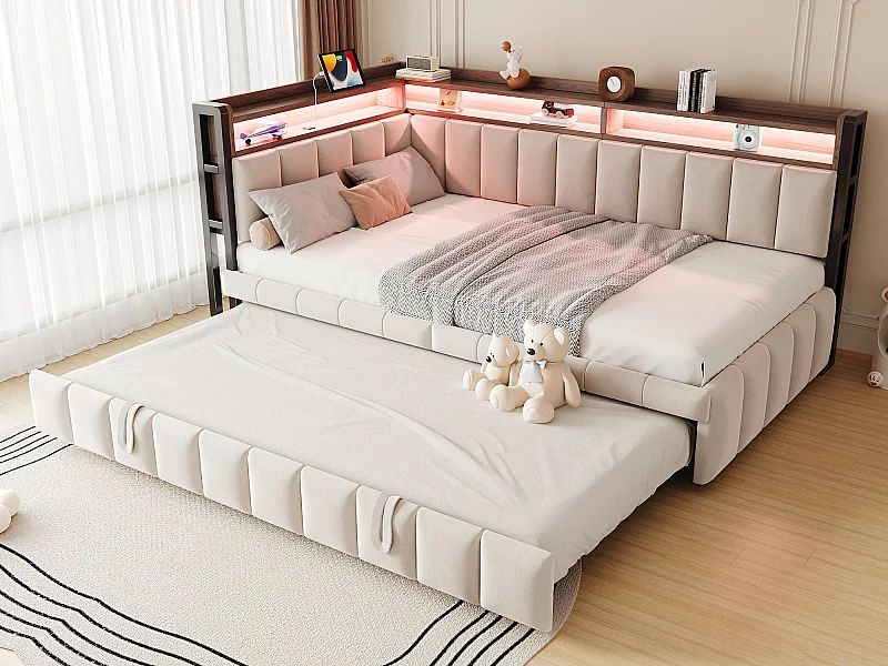 Gepolsterte Schlafcouch 90x200 cm - Mit Ausziehbett - LED-Beleuchtung - USB- und Type-C-Anschlüsse - beige (Matratze nicht inbegriffen)