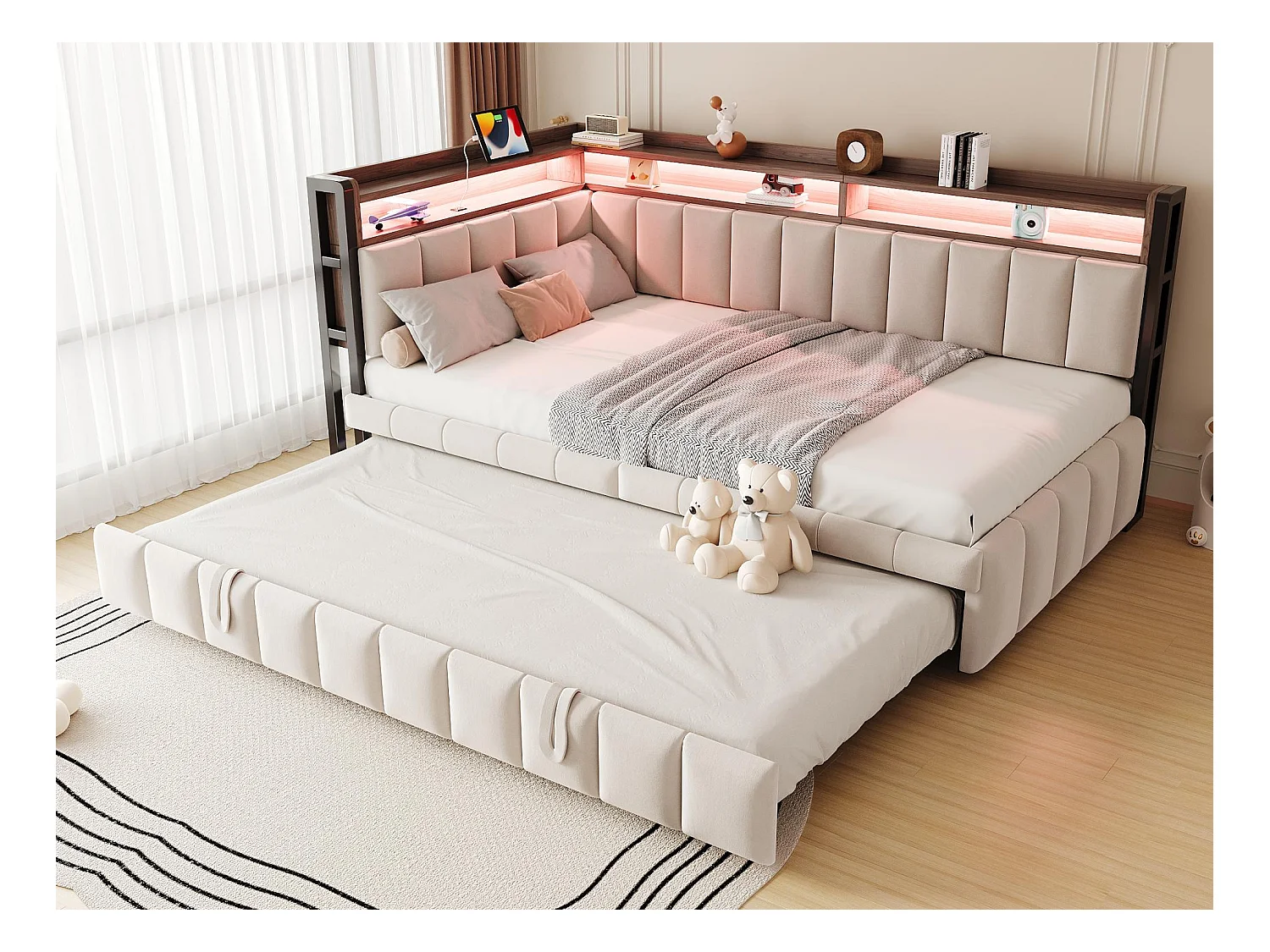 Canapé-lit rembourré 90x200 cm - avec lit gigogne - éclairage LED - ports USB et Type-C - beige (matelas non inclus)