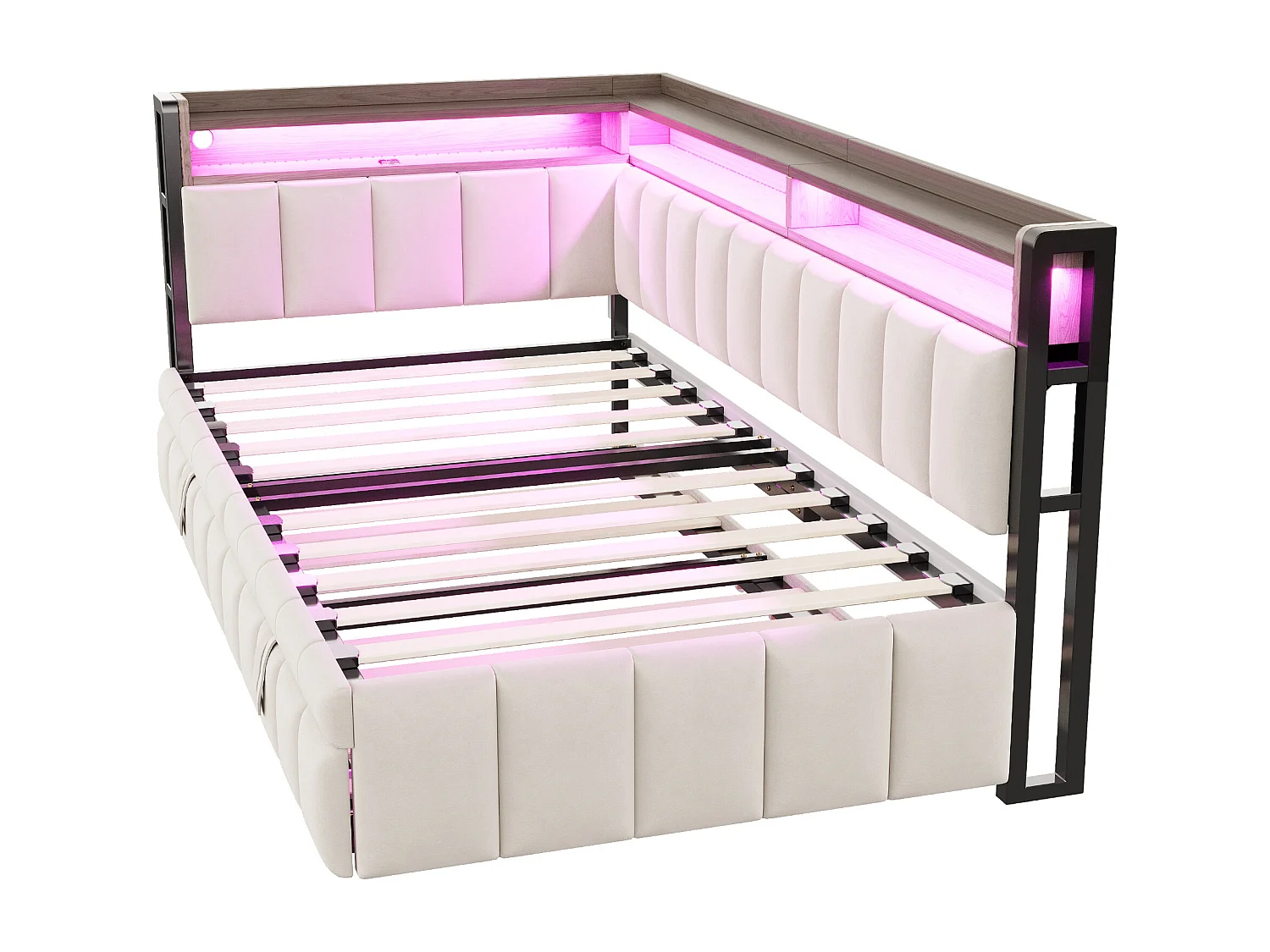 Sofá-cama estofado 90x200 cm - Com cama retrátil - iluminação LED - portas USB e Type-C - bege (colchão não incluído)