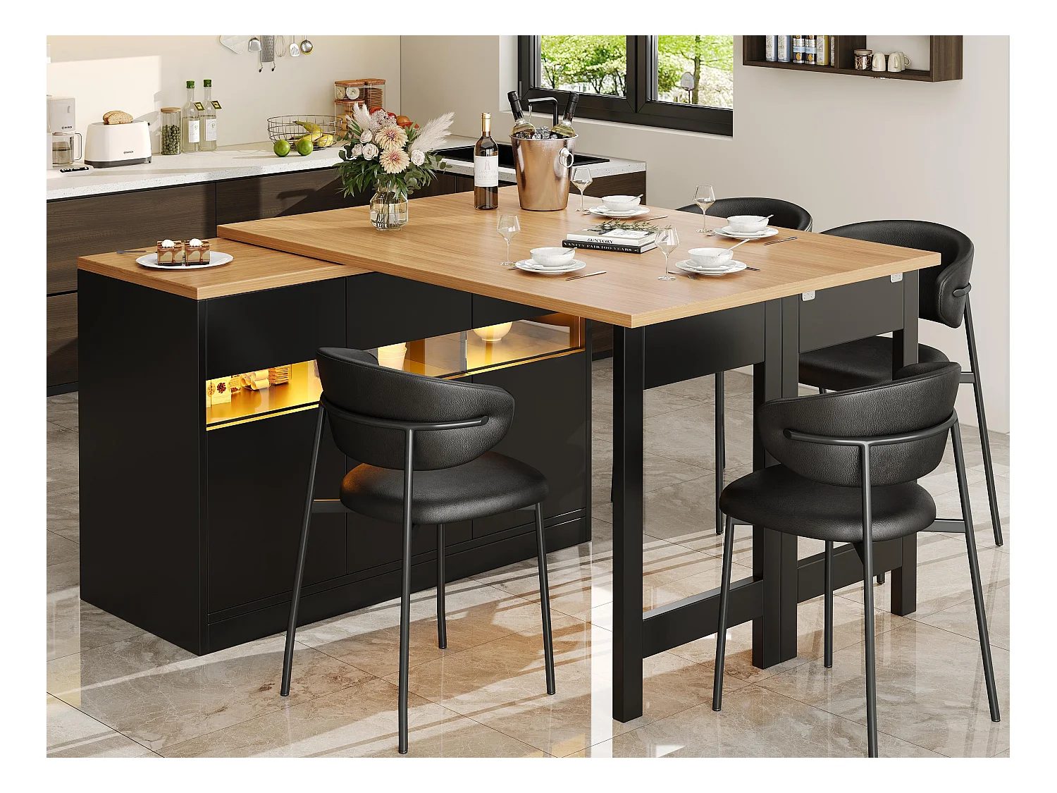 Uitschuifbare keukenbar meubel - met LED-verlichting - grote tafel - en 360° draaiing - 180x79.5x71.5 cm - 3 deuren - Zwart
