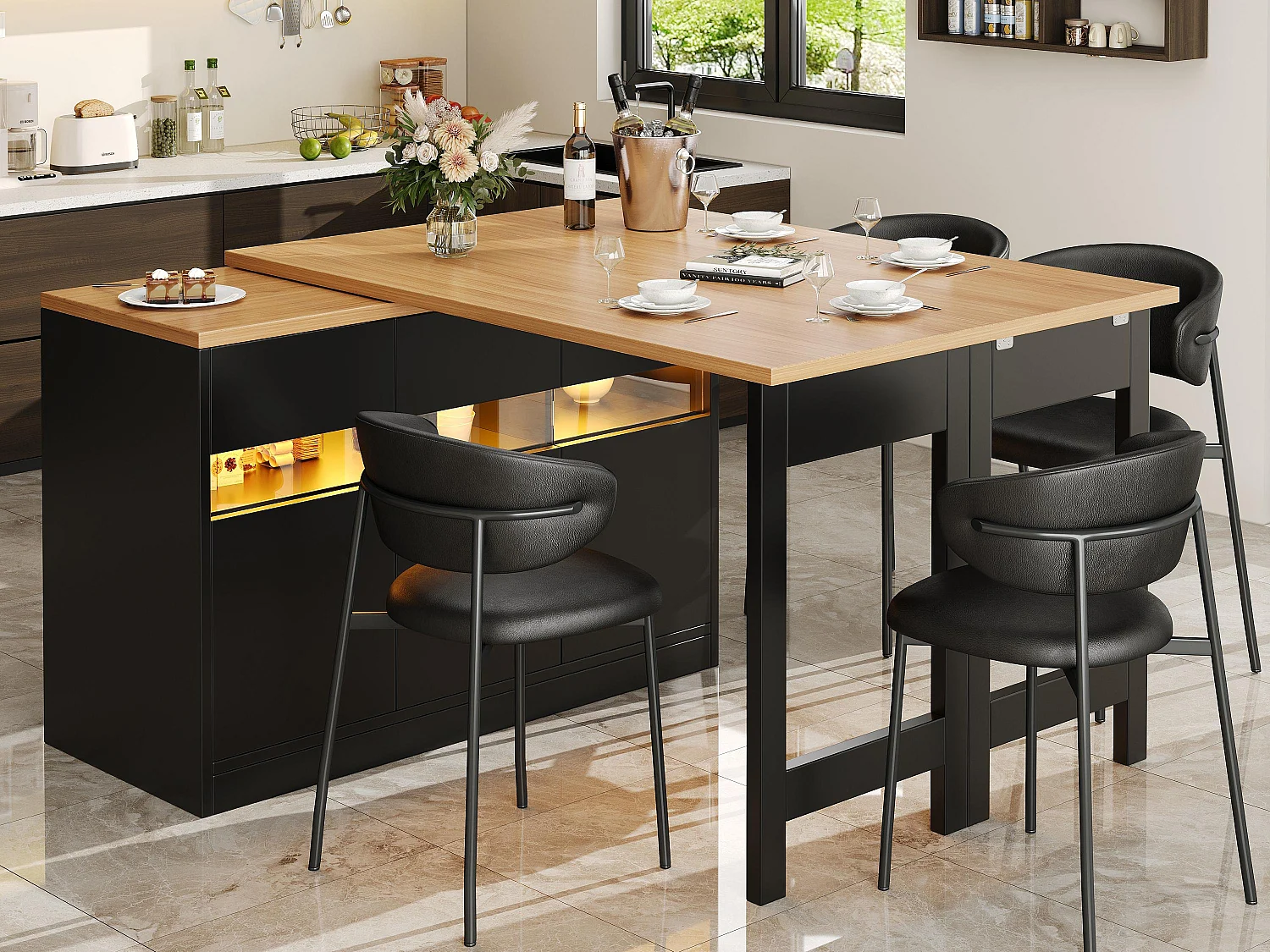 Ausziehbarer Küchen-Bar-Schrank - mit LED-Beleuchtung - großer Tisch - und 360° Drehung - 180x79.5x71.5 cm - 3 Türen - Schwarz