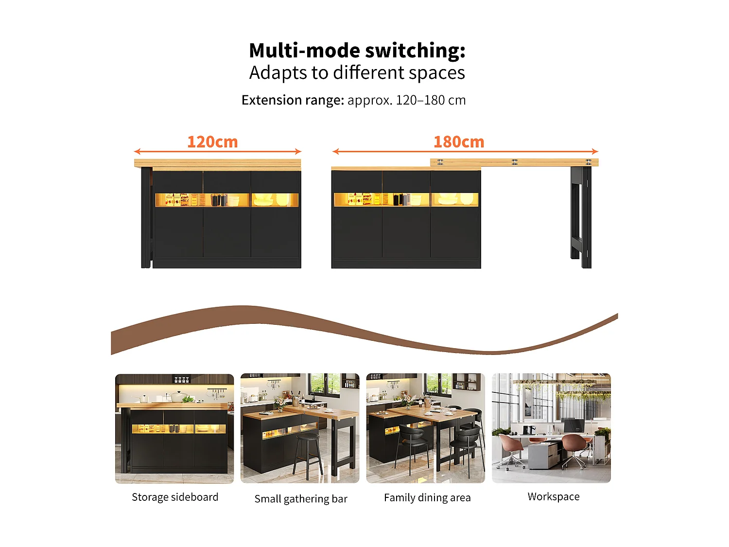 Ausziehbarer Küchen-Bar-Schrank - mit LED-Beleuchtung - großer Tisch - und 360° Drehung - 180x79.5x71.5 cm - 3 Türen - Schwarz