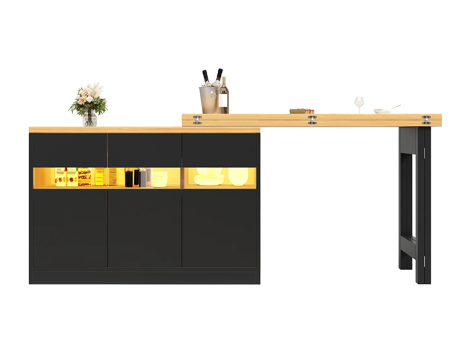 Ausziehbarer Küchen-Bar-Schrank - mit LED-Beleuchtung - großer Tisch - und 360° Drehung - 180x79.5x71.5 cm - 3 Türen - Schwarz
