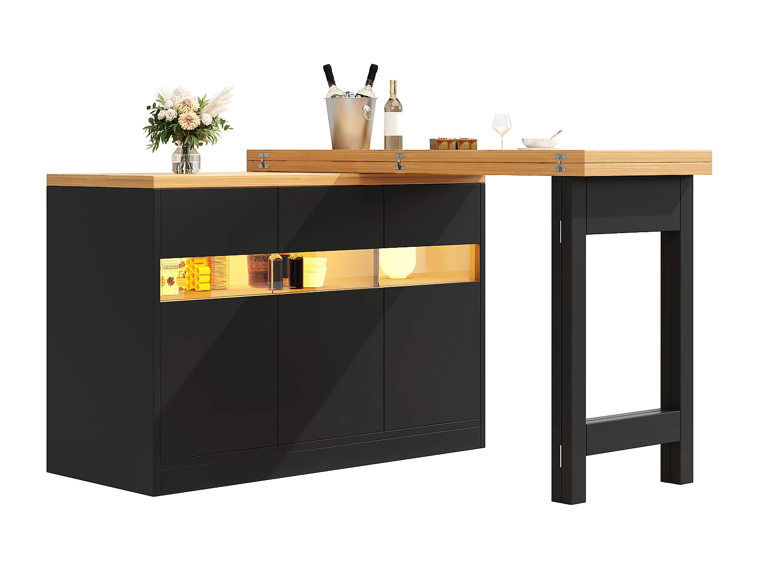 Ausziehbarer Küchen-Bar-Schrank - mit LED-Beleuchtung - großer Tisch - und 360° Drehung - 180x79.5x71.5 cm - 3 Türen - Schwarz
