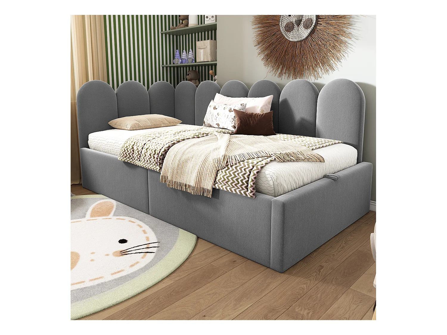 Lit banquette avec rangement 90x200 cm - tissu en velours - avec sommier à lattes - Gris (sans matelas)