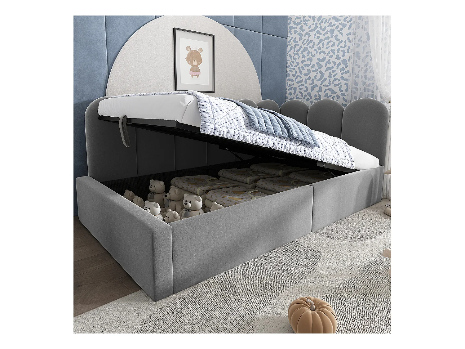 Lit banquette avec rangement 90x200 cm - tissu en velours - avec sommier à lattes - Gris (sans matelas)