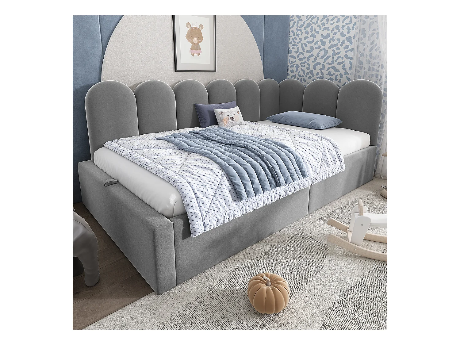 Lit banquette avec rangement 90x200 cm - tissu en velours - avec sommier à lattes - Gris (sans matelas)