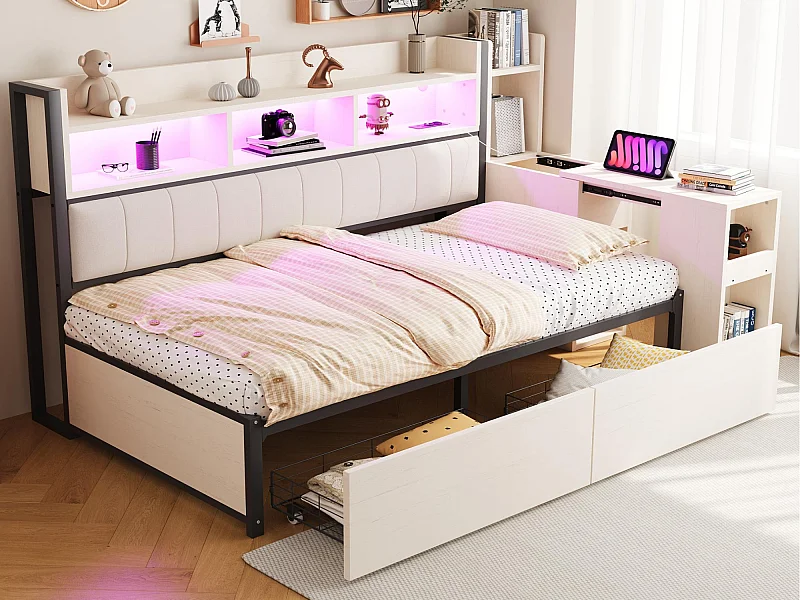 Schlafsofa 90x200 cm - mit Steckdosen - mit LED-Beleuchtung - mit 2 großen Schubladen - mit ausziehbarem Schreibtisch - Weiß