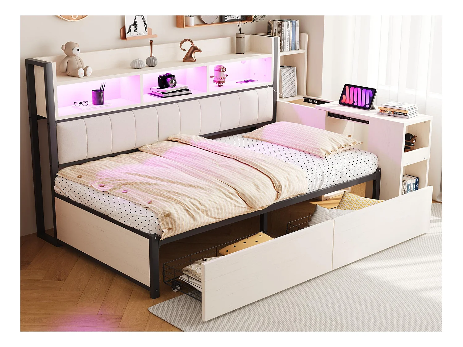 Canapé-lit 90x200 cm - avec prises - avec éclairage LED - avec 2 grands tiroirs - avec bureau coulissant - Blanc