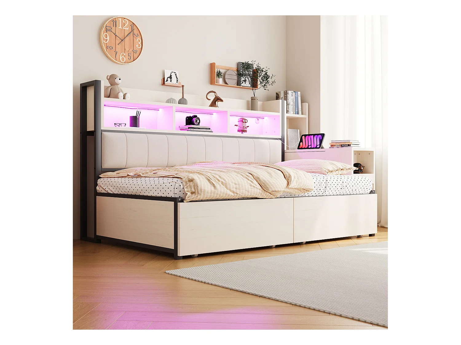 Canapé-lit 90x200 cm - avec prises - avec éclairage LED - avec 2 grands tiroirs - avec bureau coulissant - Blanc