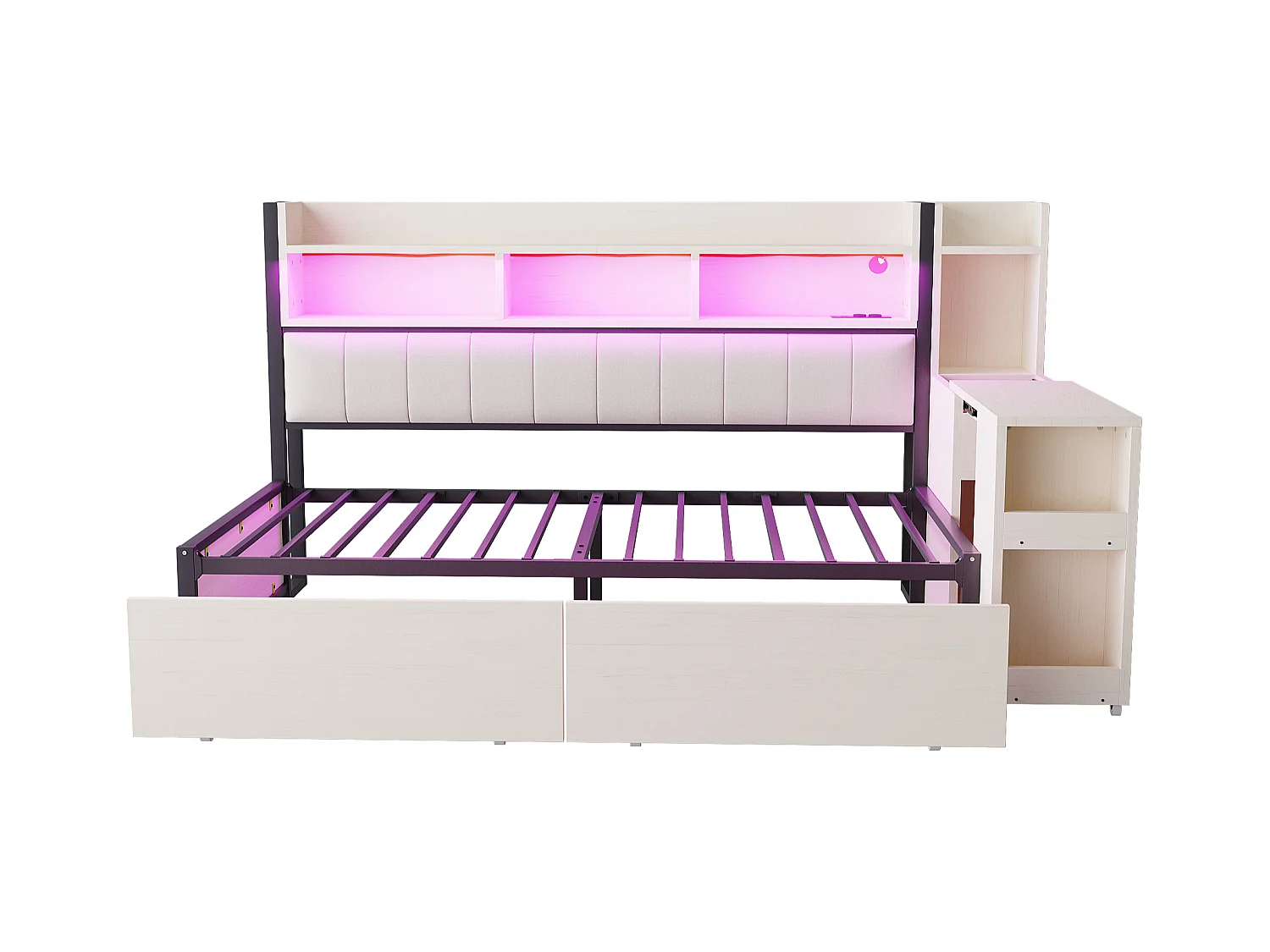 Canapé-lit 90x200 cm - avec prises - avec éclairage LED - avec 2 grands tiroirs - avec bureau coulissant - Blanc