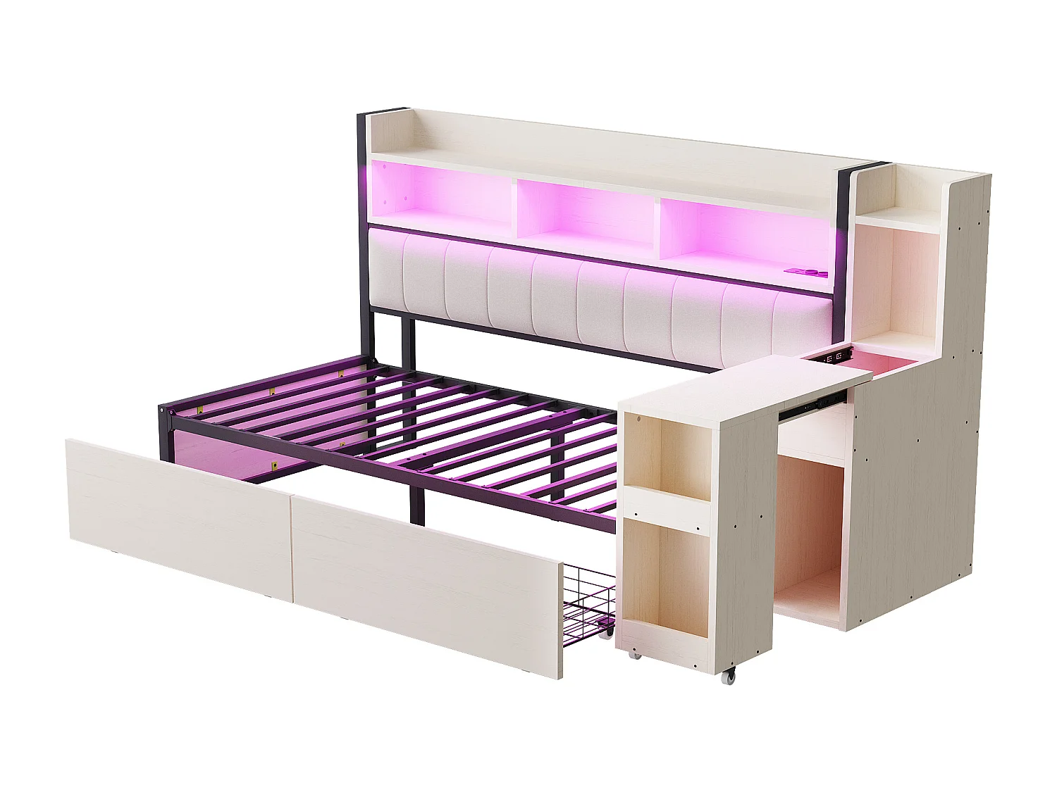 Canapé-lit 90x200 cm - avec prises - avec éclairage LED - avec 2 grands tiroirs - avec bureau coulissant - Blanc