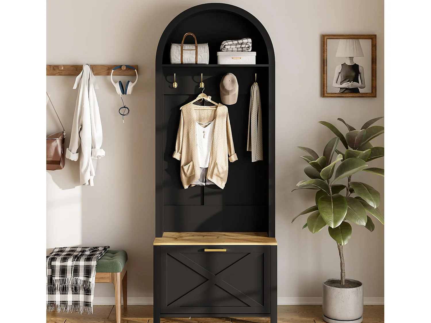 Ensemble vestiaire d'entrée 75x35x195 cm - avec meuble à chaussures et crochets - avec étagères - Noir