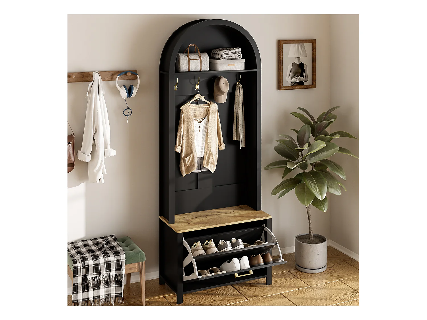 Ensemble vestiaire d'entrée 75x35x195 cm - avec meuble à chaussures et crochets - avec étagères - Noir