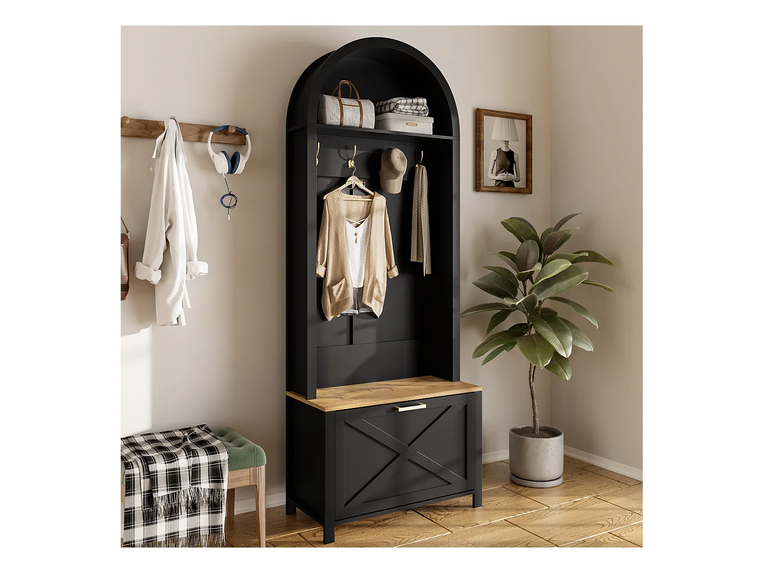 Ensemble vestiaire d'entrée 75x35x195 cm - avec meuble à chaussures et crochets - avec étagères - Noir