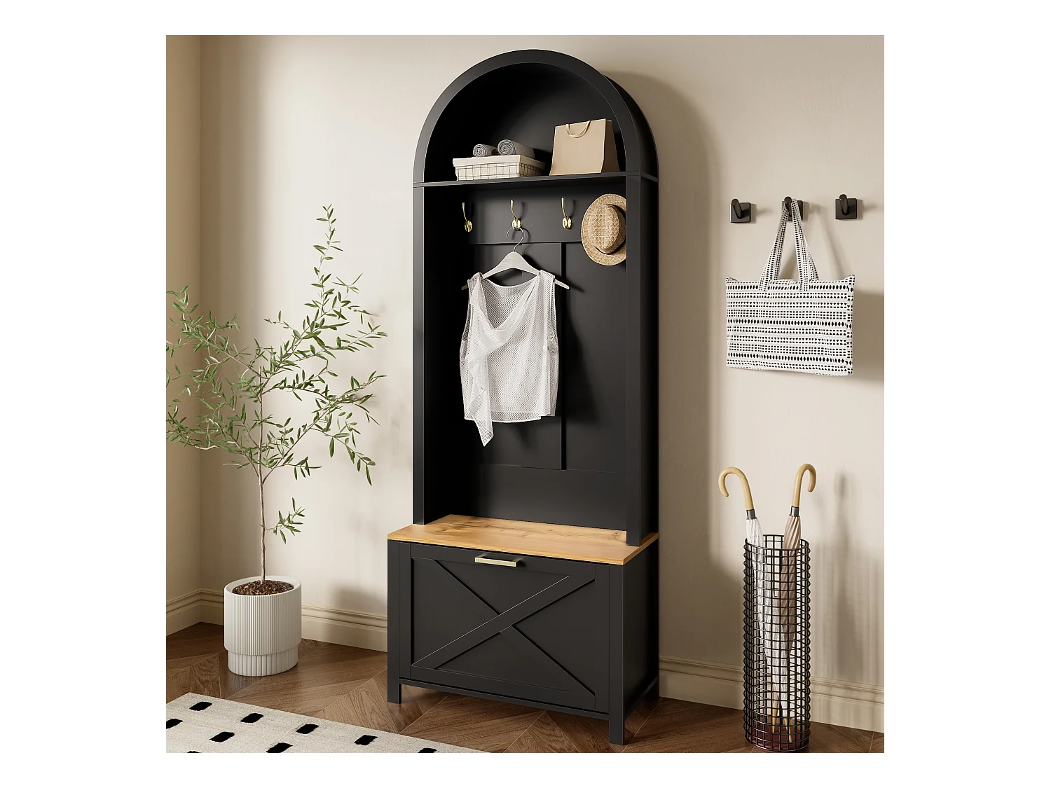 Ensemble vestiaire d'entrée 75x35x195 cm - avec meuble à chaussures et crochets - avec étagères - Noir