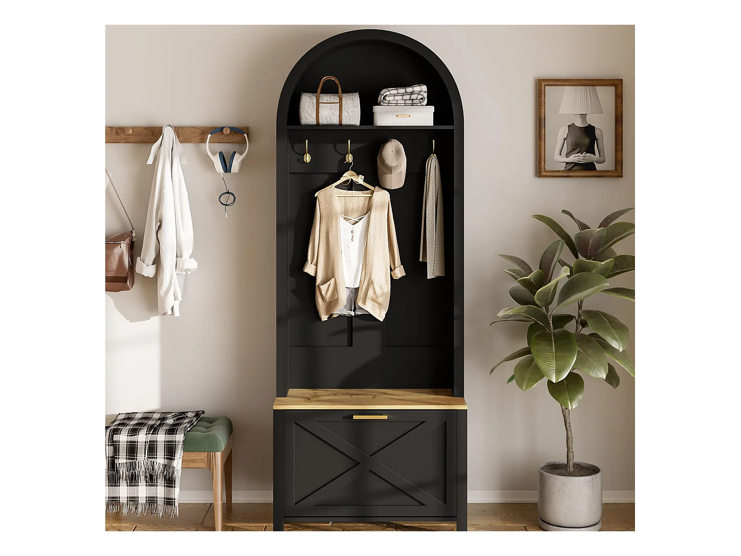 Conjunto de vestiário de entrada 75x35x195 cm - com móvel para sapatos e ganchos - com prateleiras - Preto