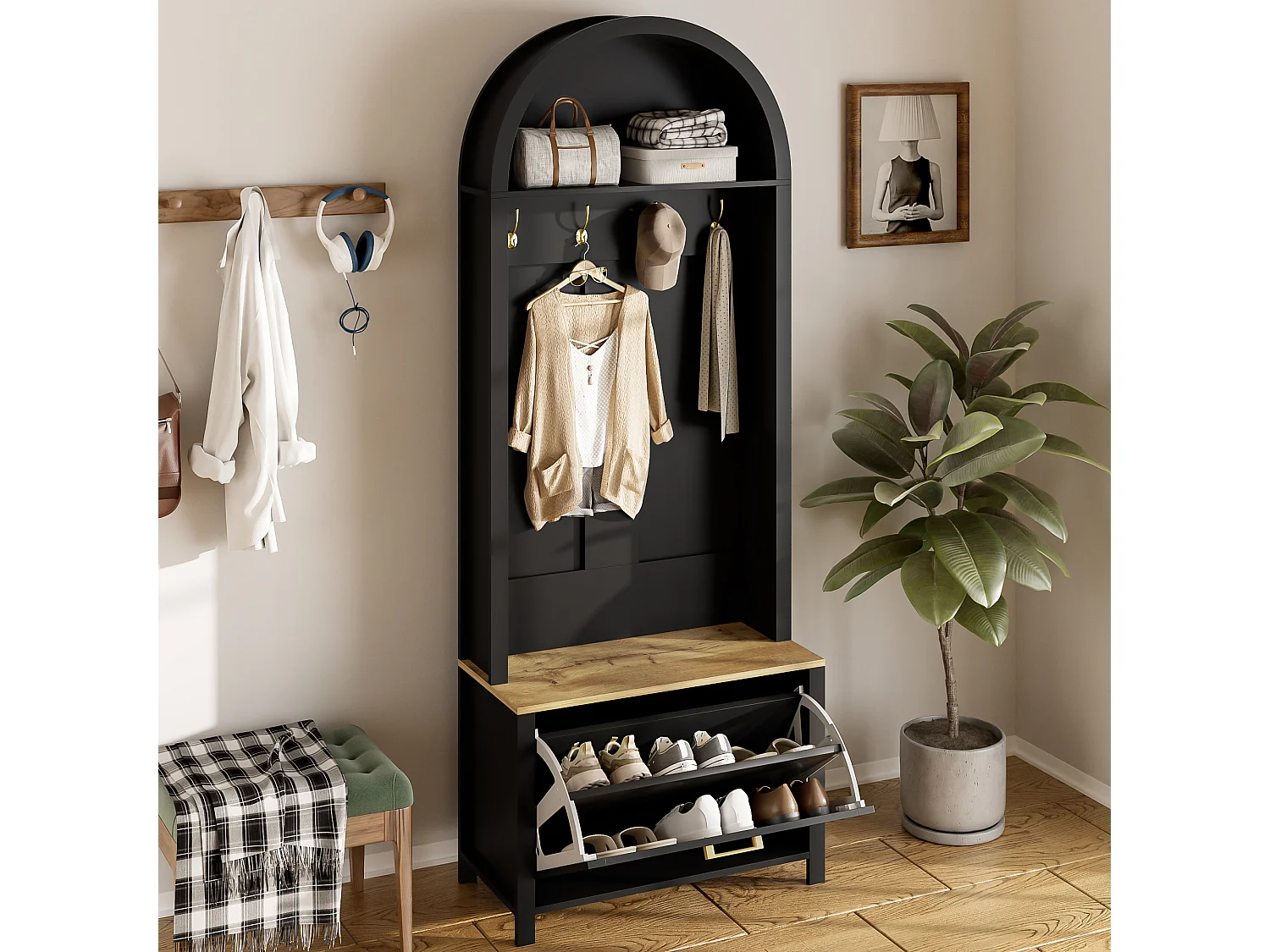 Zestaw na ubrania do przedpokoju 75x35x195 cm - z szafą na buty i wieszakami - z półkami - Czarny