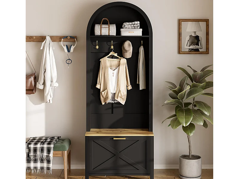 Ensemble vestiaire d'entrée 75x35x195 cm - avec meuble à chaussures et crochets - avec étagères - Noir
