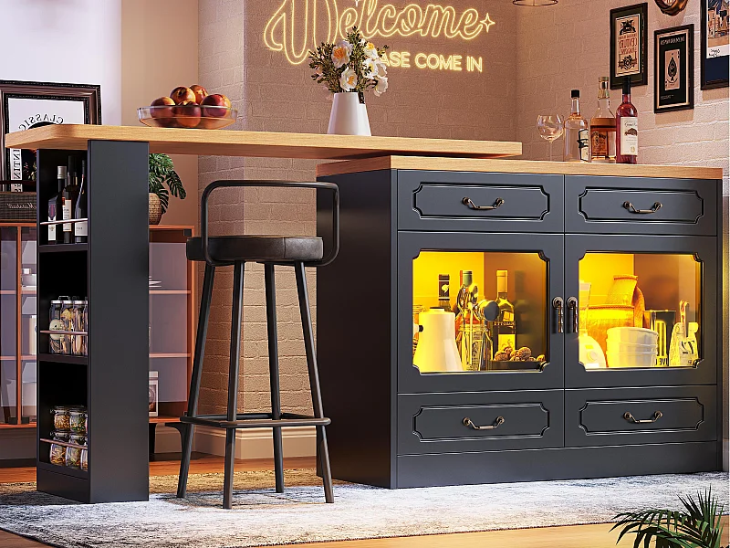 Mueble de bar moderno giratorio 360° - con LED - 203x39x93 cm - 4 cajones y 2 puertas - con estantes laterales - negro