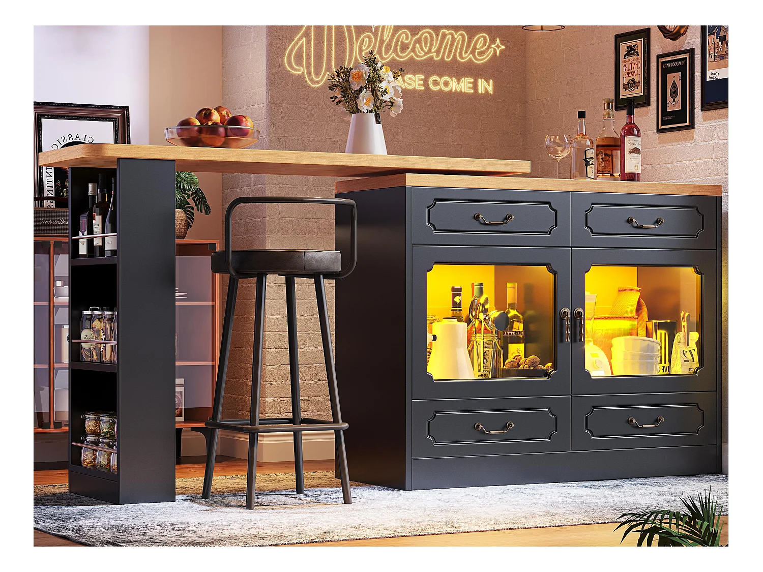 Meuble de bar moderne rotative à 360° - avec LED - 203x39x93cm - 4 tiroirs et 2 portes - avec étagères latérales - noir