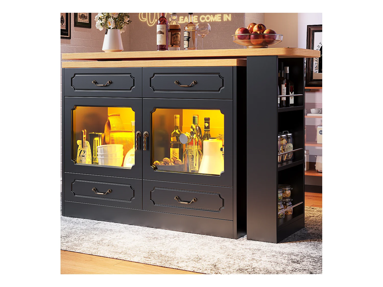 Meuble de bar moderne rotative à 360° - avec LED - 203x39x93cm - 4 tiroirs et 2 portes - avec étagères latérales - noir