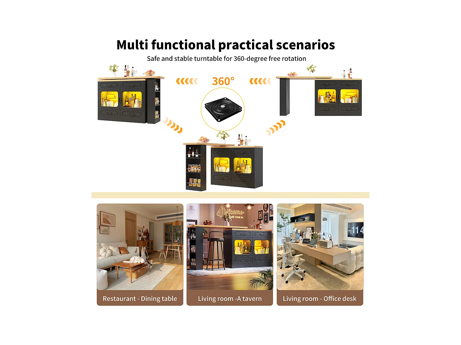 Meuble de bar moderne rotative à 360° - avec LED - 203x39x93cm - 4 tiroirs et 2 portes - avec étagères latérales - noir