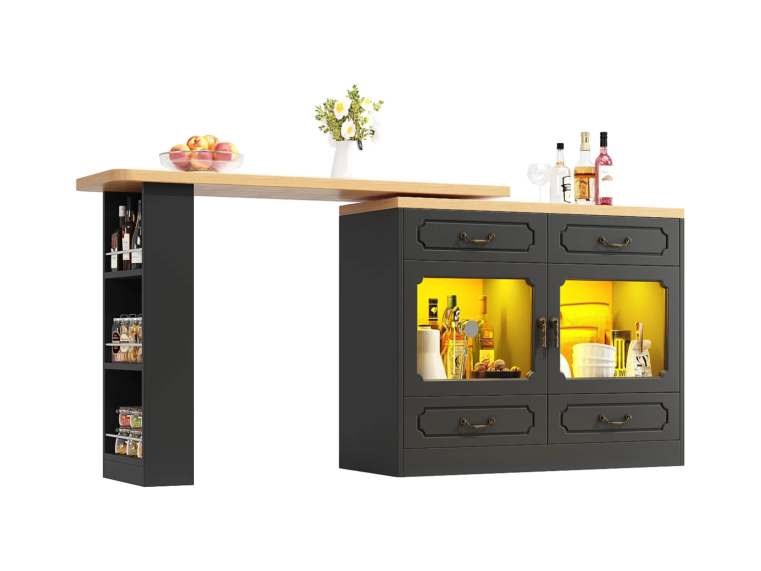 Meuble de bar moderne rotative à 360° - avec LED - 203x39x93cm - 4 tiroirs et 2 portes - avec étagères latérales - noir