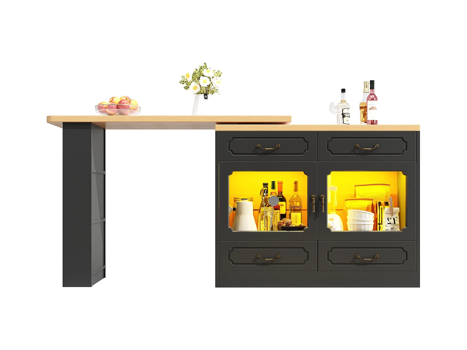 Meuble de bar moderne rotative à 360° - avec LED - 203x39x93cm - 4 tiroirs et 2 portes - avec étagères latérales - noir