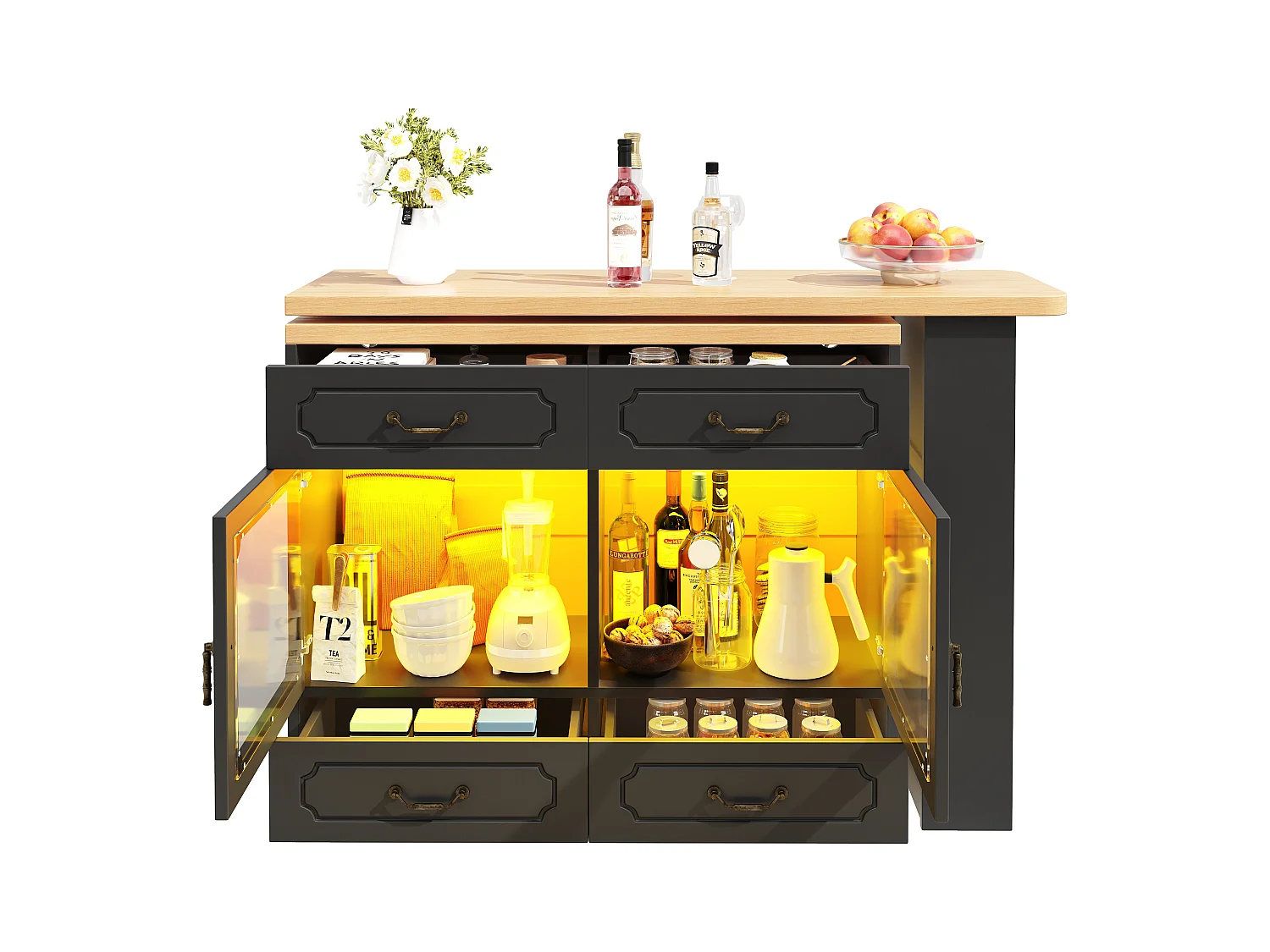 Meuble de bar moderne rotative à 360° - avec LED - 203x39x93cm - 4 tiroirs et 2 portes - avec étagères latérales - noir
