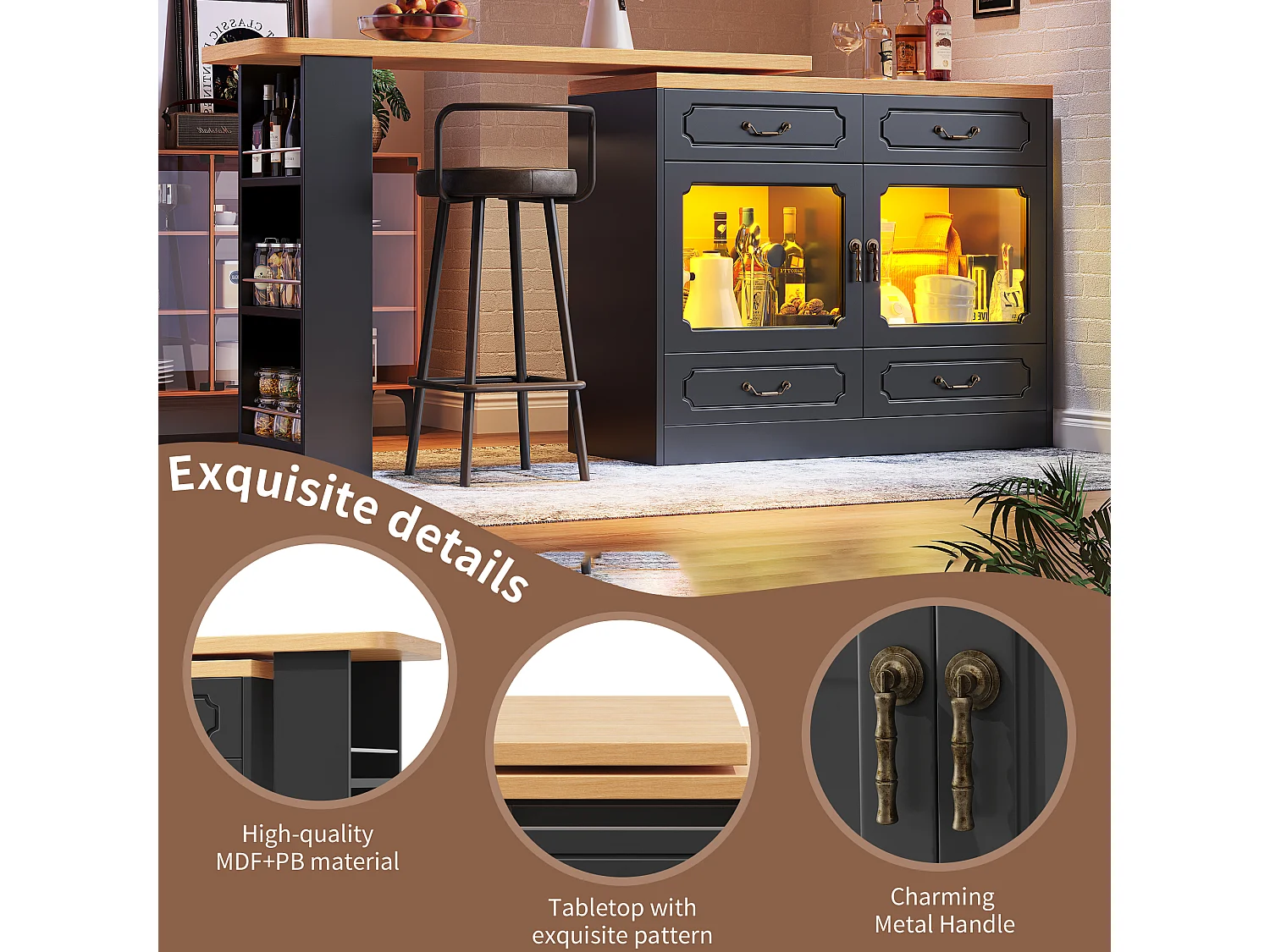 Meuble de bar moderne rotative à 360° - avec LED - 203x39x93cm - 4 tiroirs et 2 portes - avec étagères latérales - noir