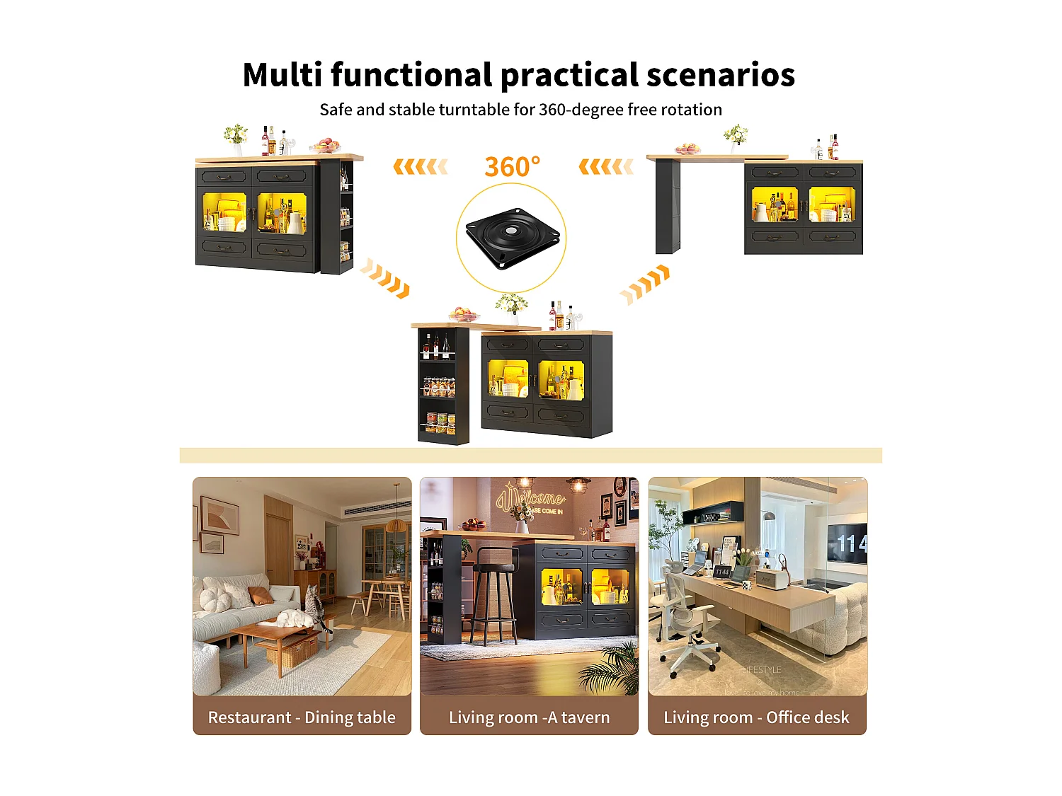 Meuble de bar moderne rotative à 360° - avec LED - 203x39x93cm - 4 tiroirs et 2 portes - avec étagères latérales - noir